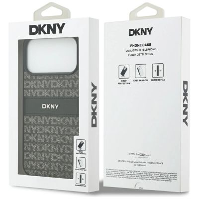 8. DKNY Hülle mit sich wiederholendem Texturmuster und Ton-in-Ton-Streifen für iPhone 17 Pro Max – Schwarz