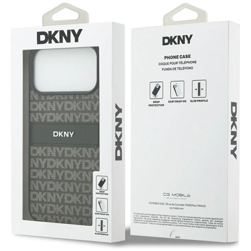 8. DKNY Hülle mit sich wiederholendem Texturmuster und Ton-in-Ton-Streifen für iPhone 17 Pro Max – Schwarz