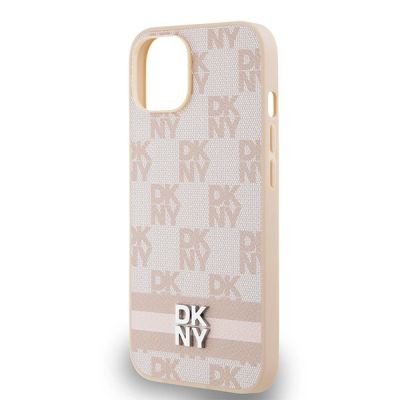 6. DKNY Lederhülle mit kariertem Monomuster und bedruckten Streifen für iPhone 15 / 14 / 13 – Rosa