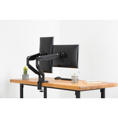 26. Doppelter Schreibtischarm (Klemme) für 2 x LCD-Monitore, max. 32 Zoll, max. 2 x 9 kg, neig- und schwenkbar, schwarz
