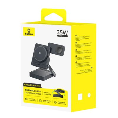 6. Baseus PicoGo AF21 3-in-1 Qi2.2 35W Wireless-Ladegerät mit 45W EU-Netzteil und 1m USB-C-Kabel – Schwarz