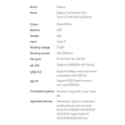 21. Baseus Lite Series multifunktionaler HUB USB Typ C - 2 x USB 3.0 / USB Typ C PD / HDMI 1,4 / SD / TF schwarz (WKQX050101)