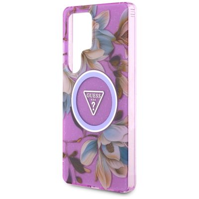 6. Guess Glitzerblumen-Dreieckknöpfe MagSafe-Hülle für Samsung Galaxy S25 Ultra – Lila