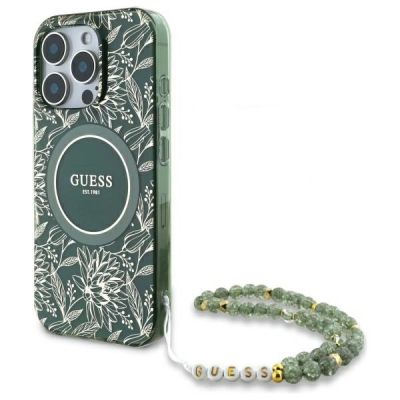 Guess IML Flowers Allover Electro With Pearl Strap MagSafe Hülle für iPhone 16 Pro Max - grün