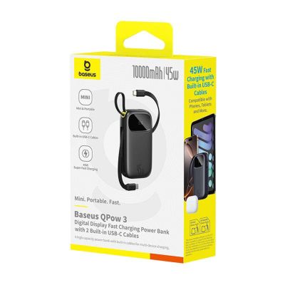 3. Baseus EnerFill FC31 QPow3 10000mAh 45W Powerbank mit Digitalanzeige und 2 integrierten USB-C-Kabeln – Schwarz