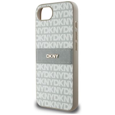 6. DKNY iPhone 16e Hülle mit wiederholtem Texturmuster und farblich abgestimmten Streifen – Beige