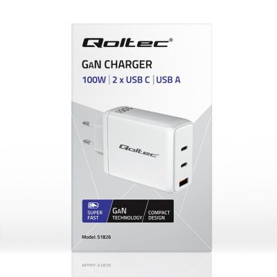 8. Qoltec 100W GaN-Wandladegerät | 5–20 V | 1,5–5 A | 2 x USB-C PD | 1 x USB QC 3.0 | Weiß