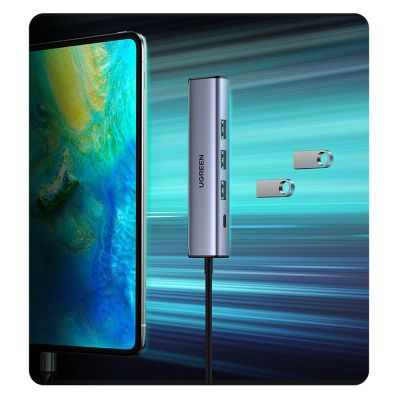 16. Ugreen Multifunktionsadapter HUB USB 3.0 - 3 x USB / Ethernet RJ-45 / USB Typ C PD grau (CM475)