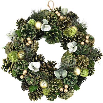 Dekorativer Kranz 34 cm, grün, mit Zapfen und Weihnachtskugeln – Mica Decorations