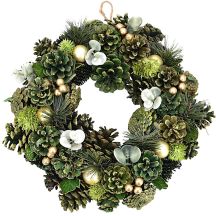 Dekorativer Kranz 34 cm, grün, mit Zapfen und Weihnachtskugeln – Mica Decorations