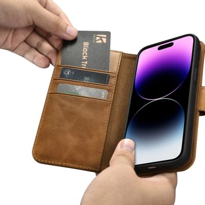 12. iCarer Oil Wax Wallet Case 2in1 Cover iPhone 14 Pro Anti-RFID Leder Flip Case Braun (WMI14220722-TN)