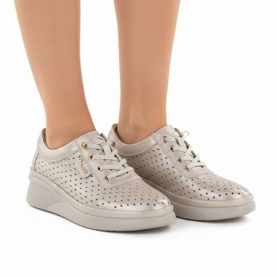 5. Damen-Keilschuhe aus Leder mit durchbrochenem Muster, Gold, Vinceza 79603