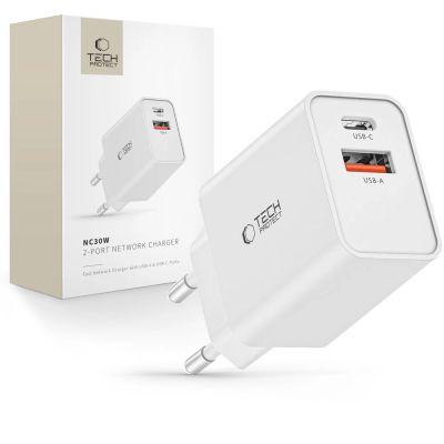 Tech-Protect NC30W USB-C PD 30W / USB-A QC 3.0 Netzwerkladegerät – Weiß