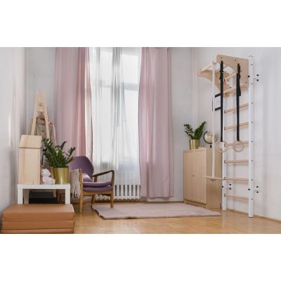 12. Turnwandbarren aus Holz und Metall mit Holzstange und Zubehörbank K 211W A204