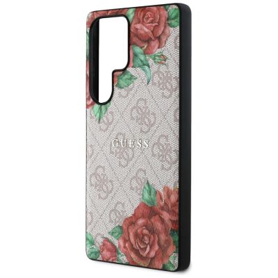 6. Guess Leather 4G Flowers Print Metal Classic Logo MagSafe Hülle für Samsung Galaxy S25 Ultra - Rosa