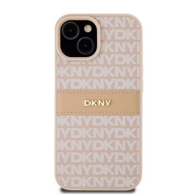 3. DKNY Lederhülle mit Monostreifen und Metalllogo für iPhone 15 / 14 / 13 – Rosa