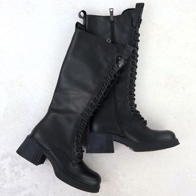 10. Damen-Lederstiefel im Offiziersstil mit Schnürung und Blockabsatz, schwarz, Vinceza 66804