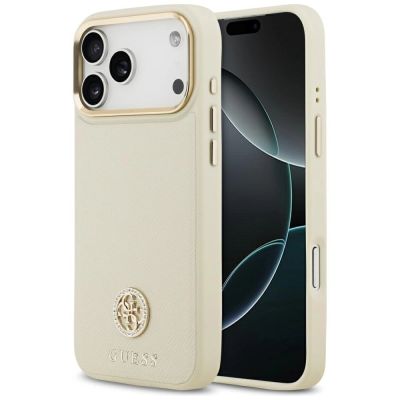 Guess Grained Strass Logo MagSafe Hülle für iPhone 17 Pro Max - Beige
