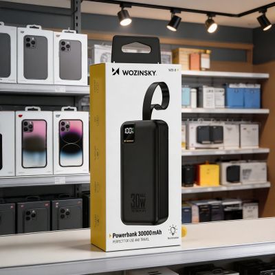 8. Wozinsky W8-W 30000 mAh 30W Powerbank mit 2x USB-A und USB-C Anschlüssen und Taschenlampe – Schwarz