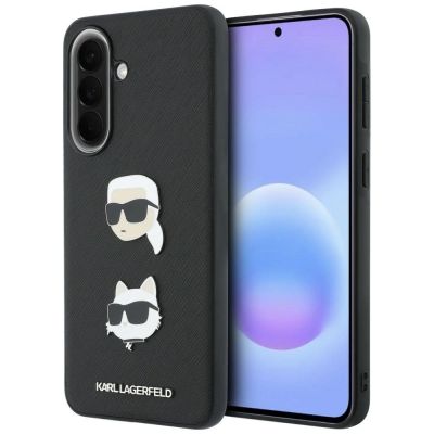 Karl Lagerfeld Hülle mit Karl & Choupette Köpfen Pins & Logo für Samsung Galaxy A57 5G - Schwarz