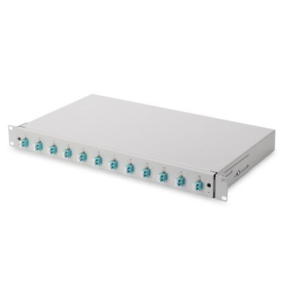 4. FO-Patchpanel mit Ausstattung 19 Zoll 1 HE, 12x LC DX, OM3, Anschlusskabel, Adapter, Einschubfächer, verschiebbar, grau