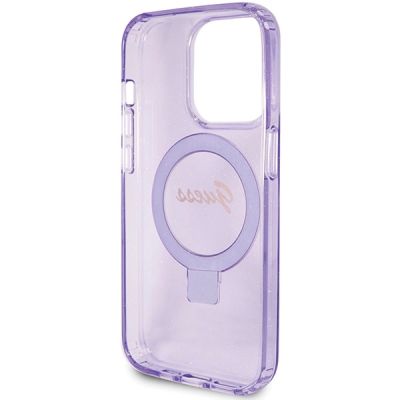 7. Guess Ring Stand Script Glitter MagSafe Hülle für iPhone 15 Pro – Lila