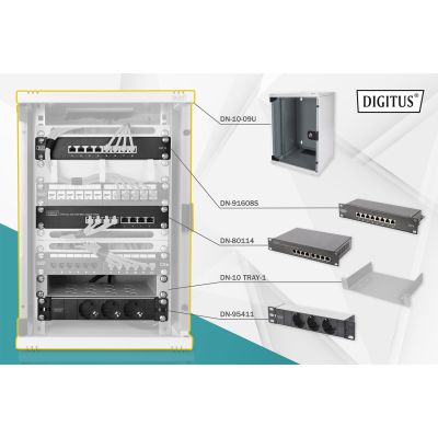 10"-Netzwerkset: 9HE-Wandschrank, Ablage, Steckdosenleiste, 8-Port-Switch, Cat.6-Anschlussfeld, grau