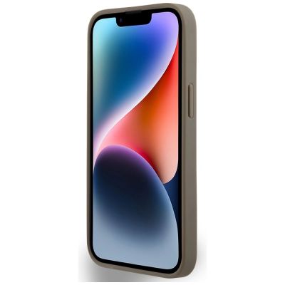 4. DKNY MagSafe-Hülle aus Leder mit bedrucktem Muster und Metalllogo für iPhone 15/14/13, Braun