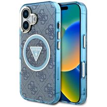 Guess IML Metal Glitter 4G Circle Triangle MagSafe Case für iPhone 16 - Blau