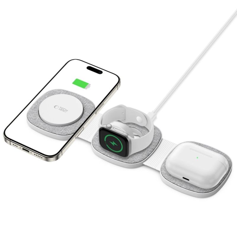 2. Tech-Protect QI15W-A32 3in1 induktives Ladegerät mit MagSafe für Smartphone / Apple Watch / AirPods – Grau