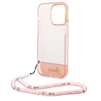 6. Guess GUHCP14LHGCOHP iPhone 14 Pro 6,1" rosa/rosa Hartschale mit durchscheinendem Perlenarmband