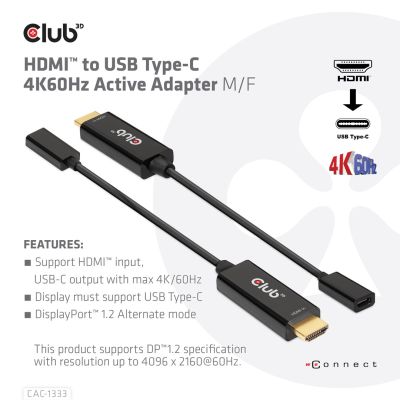 3. CLUB 3D CAC-1333 Kabeladapter 0,22 m HDMI Typ-A (Standard) USB Typ-C Schwarz