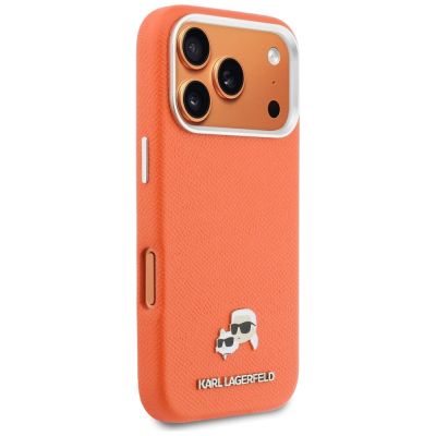 4. Karl Lagerfeld Karl & Choupette Head Pins Saffiano MagSafe Hülle für iPhone 17 Pro - Orange