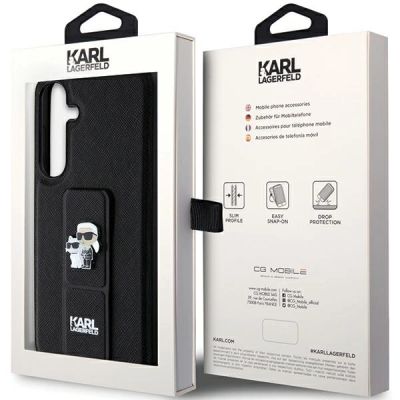8. Karl Lagerfeld Gripstand Saffiano Karl&Choupette Pins Hülle für Samsung Galaxy S24+ – schwarz
