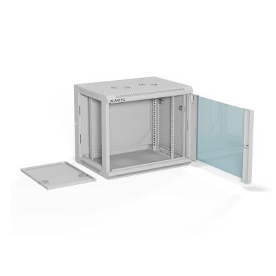 6. ALANTEC Wandschrank 19" 9U 600x450, Glastür, grau, montiert (SW-9U-600-450-01-SA)