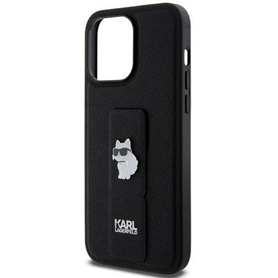 6. Karl Lagerfeld Gripstand Saffiano Choupette Pins Hülle für iPhone 13 Pro Max – Schwarz