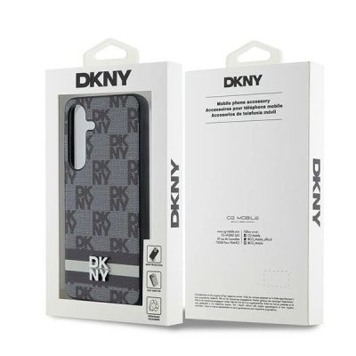 8. DKNY Lederhülle mit kariertem Monomuster und bedruckten Streifen für Samsung Galaxy S24 – Schwarz