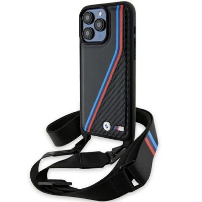 BMW M Edition Carbon Tricolor Lines & Strap Hülle für iPhone 15 Pro Max – Schwarz