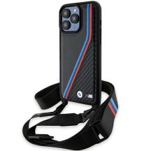 BMW M Edition Carbon Tricolor Lines & Strap Hülle für iPhone 15 Pro Max – Schwarz