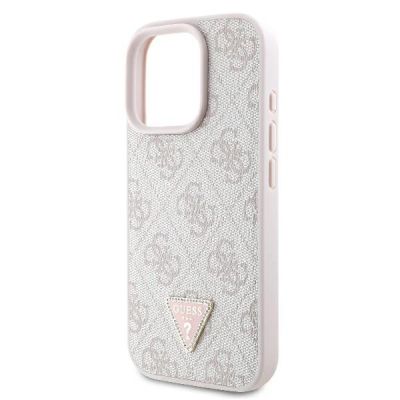 6. Guess Leder 4G Triangle Strass MagSafe Hülle für iPhone 16 Pro Max – Rosa