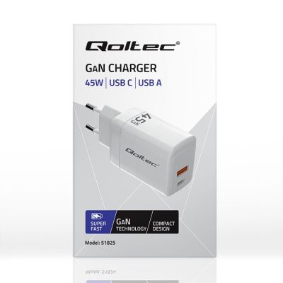 8. QOLTEC Ladegerät 45W GAN | 5-20V | 1,5-3A | 1x USB-C PD | 1x USB QC 3.0 | Weiß