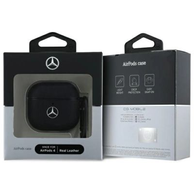 3. Mercedes MEA4CSLBK AirPods 4 Hülle schwarz/schwarzes Leder Metall Logo