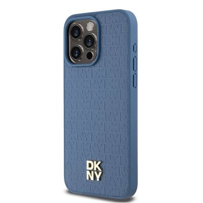 2. DKNY MagSafe-Hülle aus Leder mit Monogrammmuster und Metalllogo für iPhone 15 Pro Max – Blau