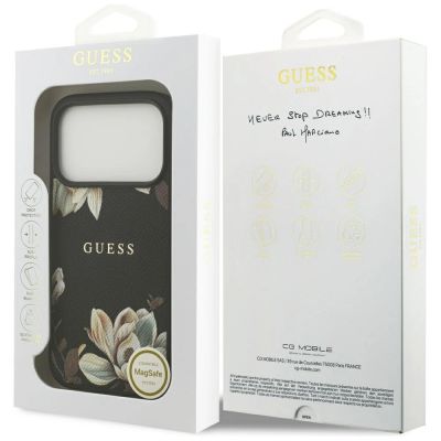 8. Guess Grained Flowers Classic Logo MagSafe Hülle für iPhone 17 Pro - Schwarz