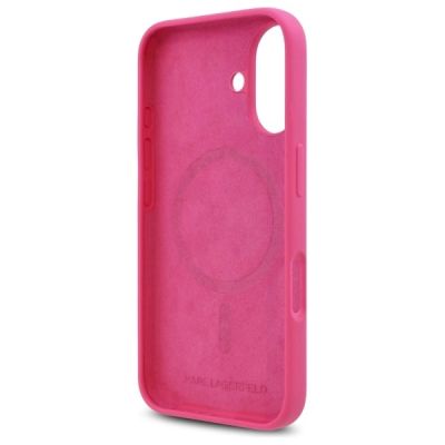 7. Karl Lagerfeld Silikon-MagSafe-Hülle mit Choupette-Kopf-Aufdruck für iPhone 16 – Fuchsia