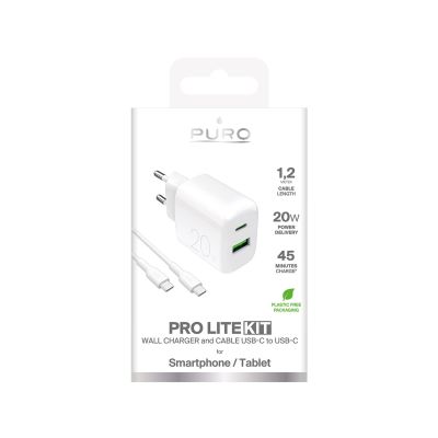 2. Puro PROLITE 20W USB-A / USB-C Wandladegerät + USB-C - USB-C Kabel 1,2m - weiß