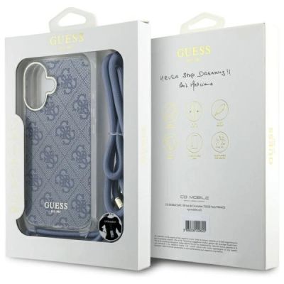 7. Guess Crossbody Cord 4G Print Hülle mit Trageband für iPhone 16 – Blau