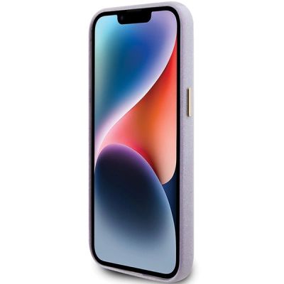 5. Guess Glitter Glossy Script Hülle für iPhone 15 Pro – Flieder