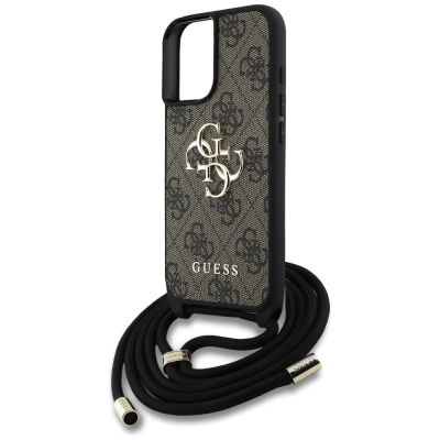 5. Guess 4G Big Logo Cord Stap Crossbody Case für iPhone 16 Braun