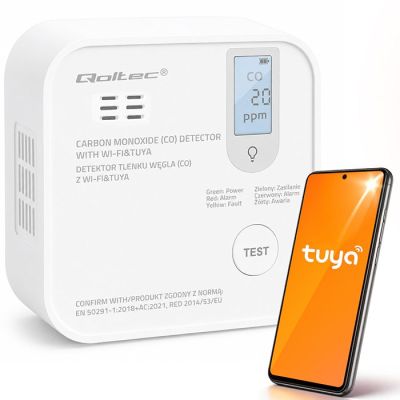 Qoltec-zertifizierter, kabelloser Kohlenmonoxid-Sensor mit Batterie | CO-Melder | TUYA | WLAN | 10 Jahre Sensorlebensdauer | 85 dB Alarm | LED